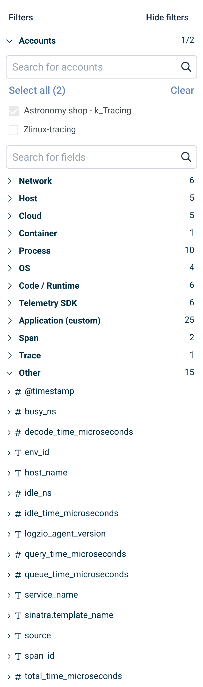 Span filter pane grouped by OpenTelemetry namespace